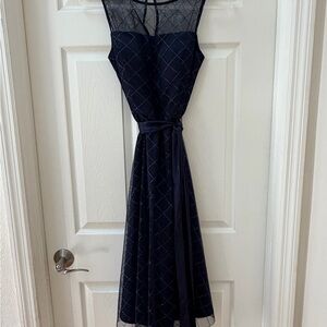 Jessica Howard Navy Blue Midi Dress with Sheer Neckline